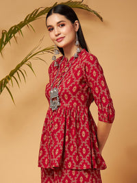 Shae by SASSAFRAS Maroon Ethnic Printed Mandarin Collar Liva A-Line Top