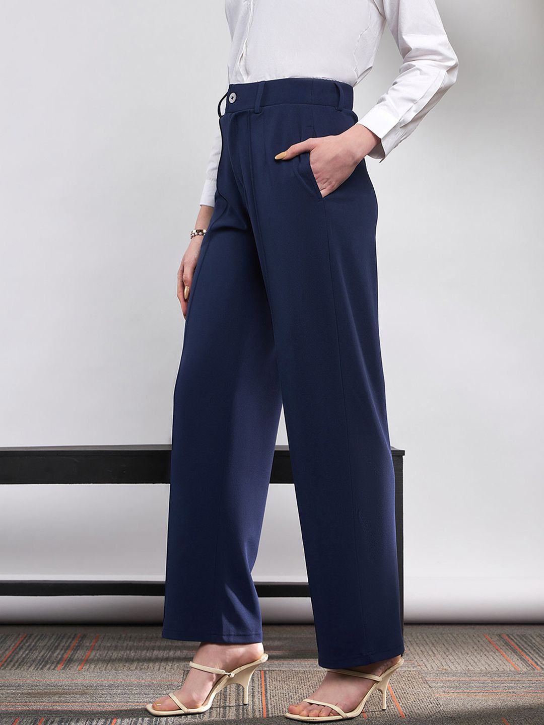 SASSAFRAS Women Navy Blue Straight Fit High-Rise Pleated Bootcut Trousers