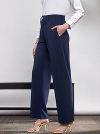 SASSAFRAS Women Navy Blue Straight Fit High-Rise Pleated Bootcut Trousers