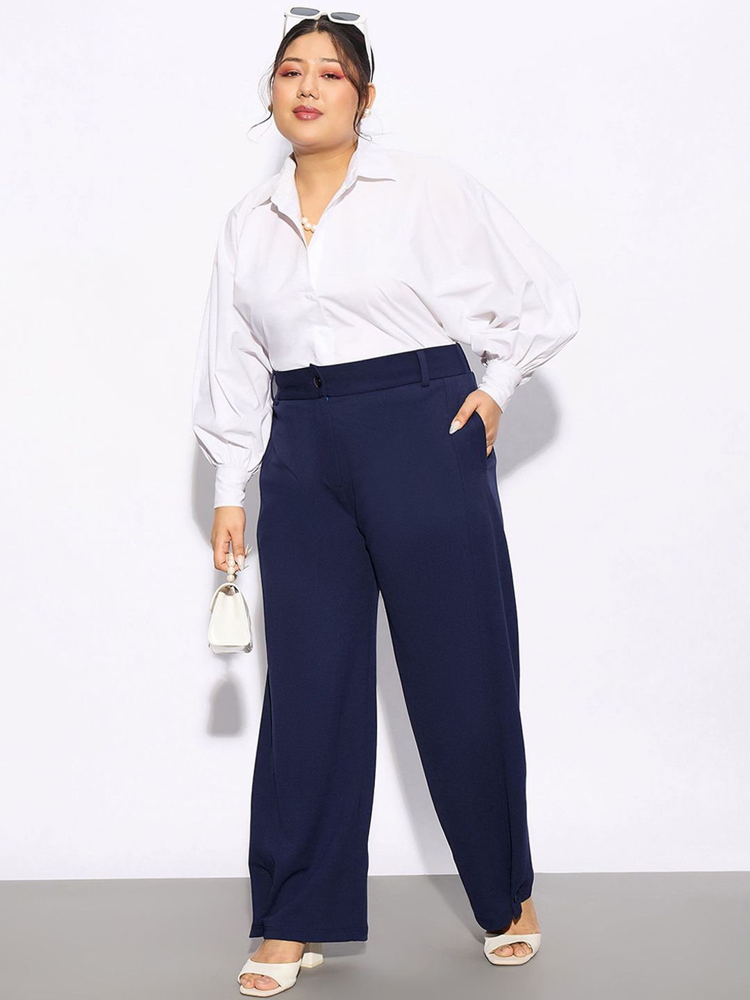 SASSAFRAS Curve Women Plus Size Navy Blue Straight Fit Hem Button Detail Parallel Trousers