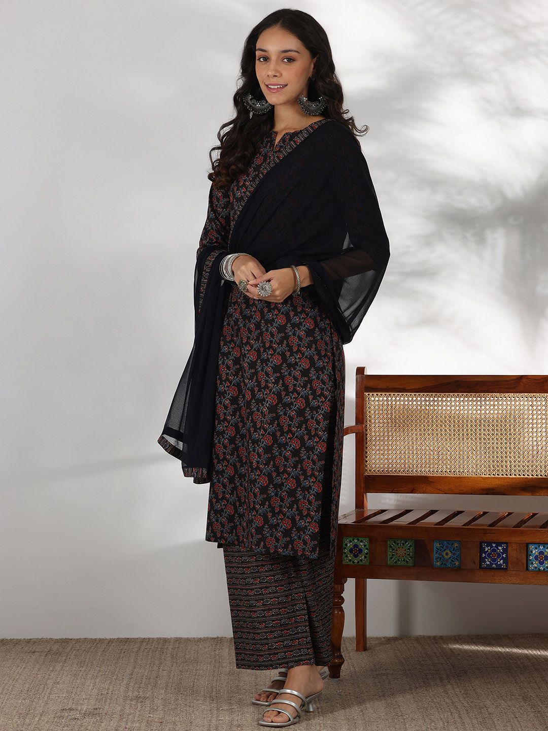 Libas Floral Printed Notch Neck Pure Cotton Straight Kurta with Palazzo & Dupatta
