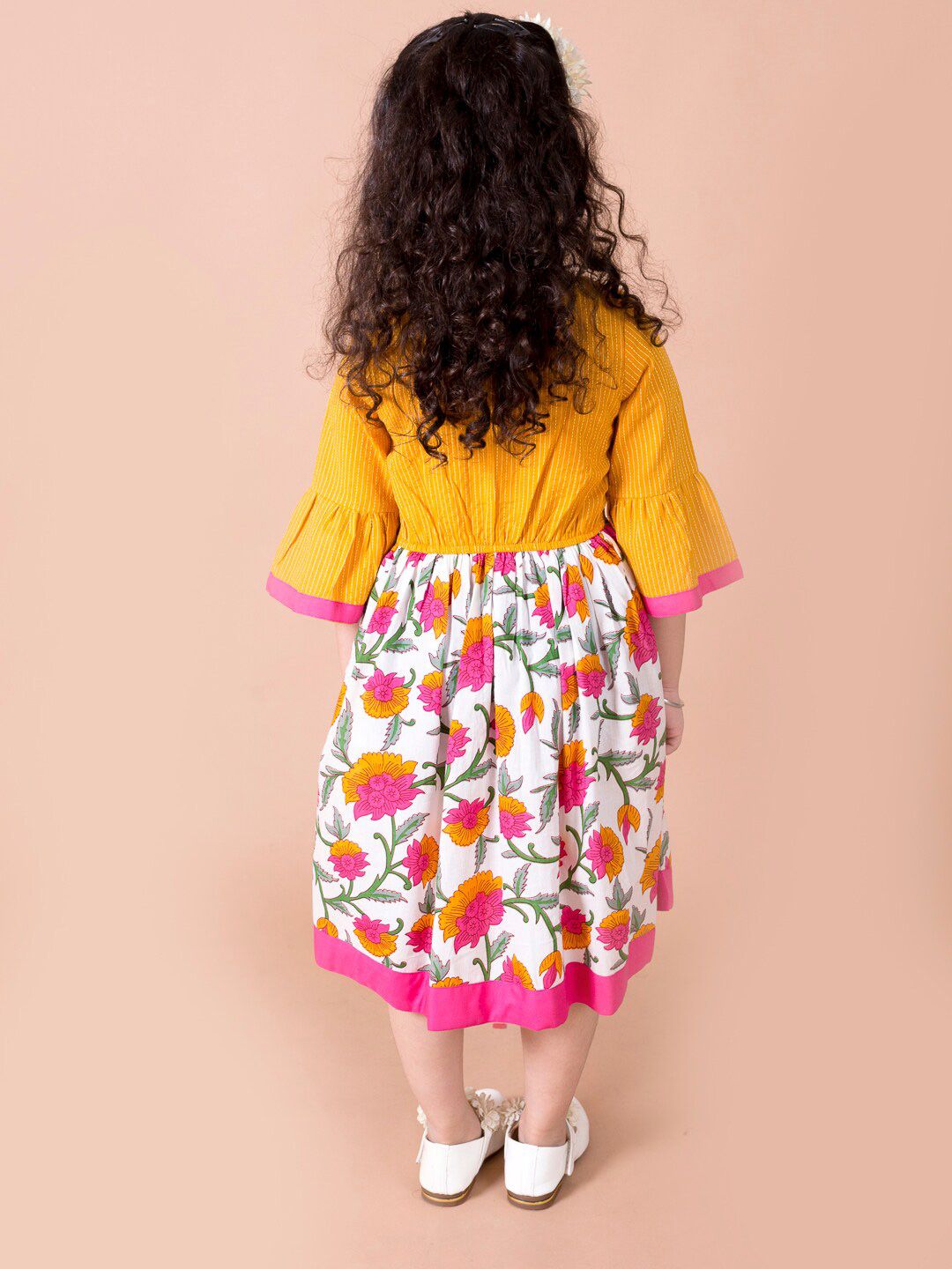 pspeaches Yellow & White Floral Tie-Up Neck Cotton Dress