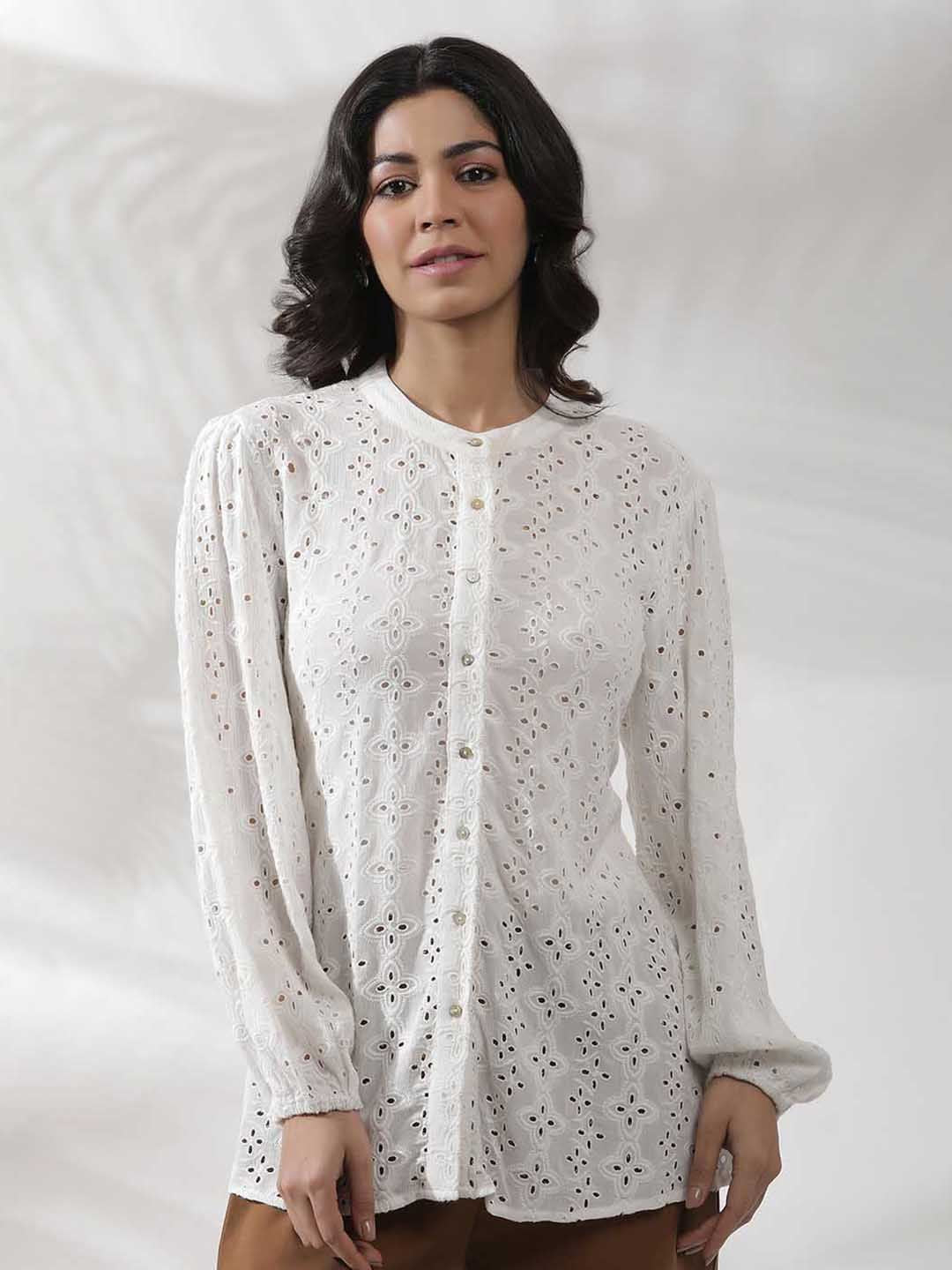 W Self Design Mandarin Collar Puffed Sleeves Shirt Style Top
