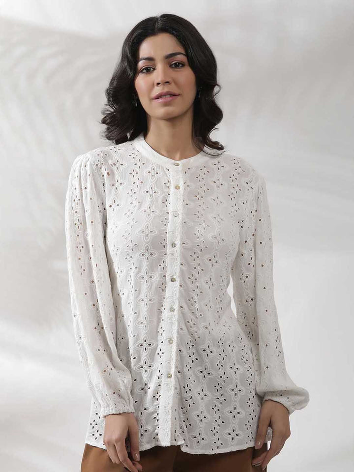 W Self Design Mandarin Collar Puffed Sleeves Shirt Style Top