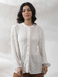 W Self Design Mandarin Collar Puffed Sleeves Shirt Style Top