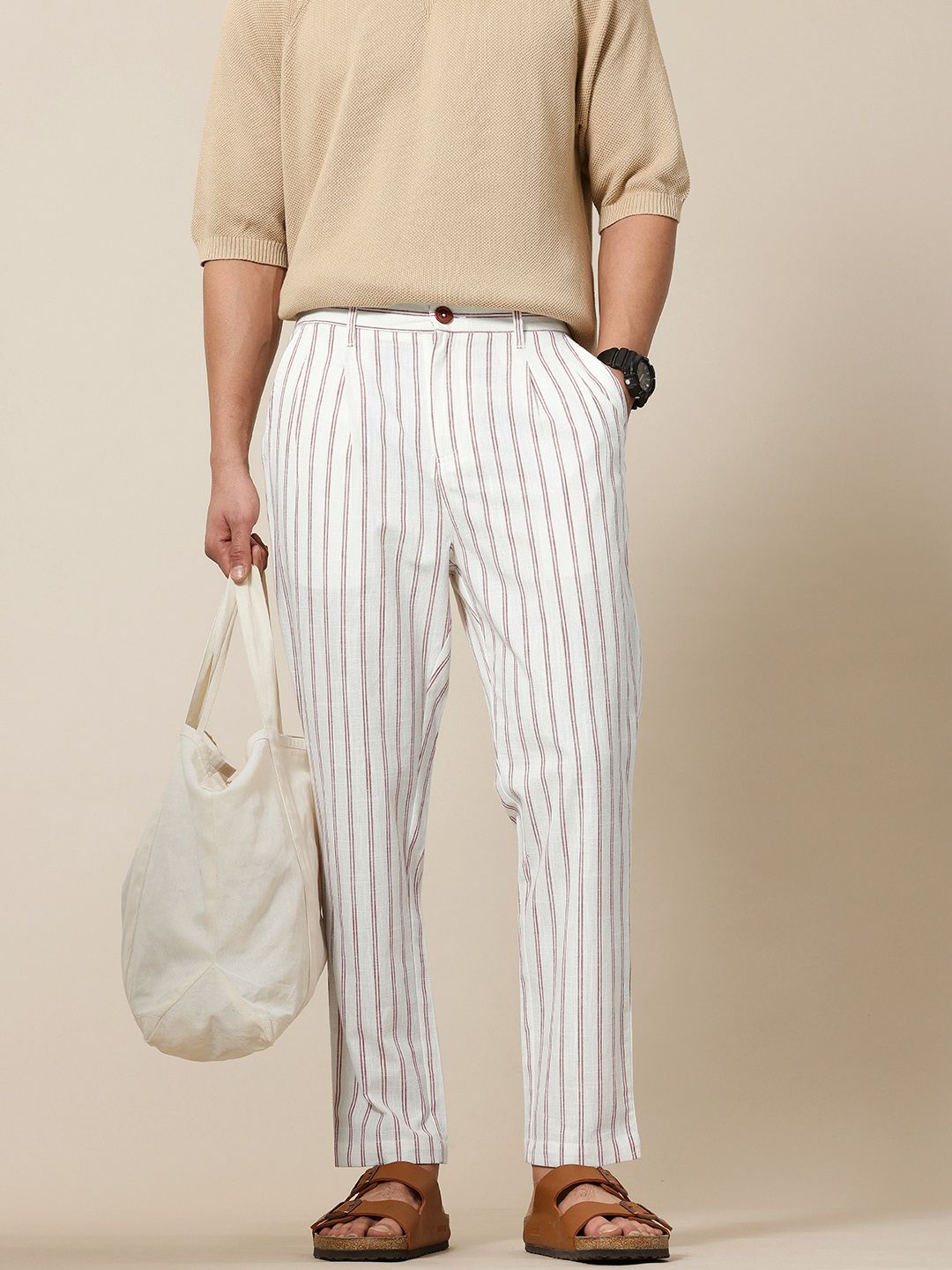 Mr Bowerbird Men Liberal Fit Striped Cotton Linen Pleated Trousers