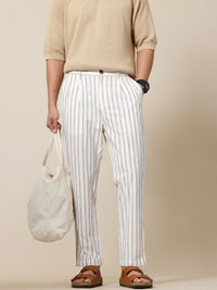Mr Bowerbird Men Liberal Fit Striped Cotton Linen Pleated Trousers