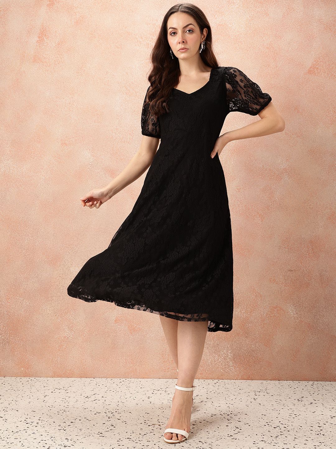 all about you V-Neck Puff Sleeves Lace A-Line Dress