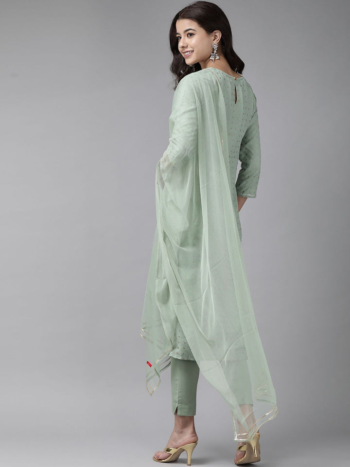 W Women Green & Golden Regular Sequinned Kurta with Trousers & With Dupatta