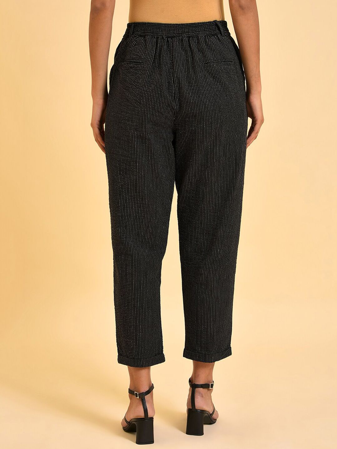 W Women Black Striped Pure Cotton Pleated Trousers