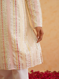 SOJANYA LUXE Striped Embroidered Mandarin Collar Mirror Work Kurta with Pyjamas