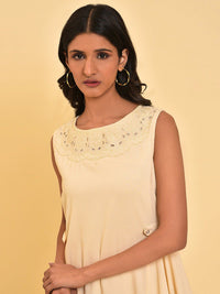 W Cream Lace Detailed Boat Neck A-Line Midi Dress