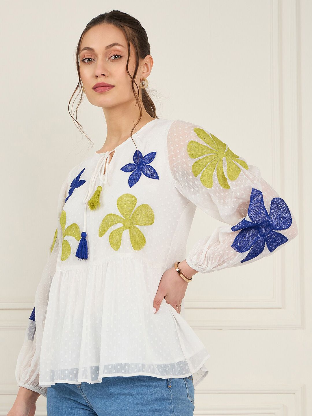 Antheaa Tie-Up Neck Puff Sleeve Chiffon A-Line Top