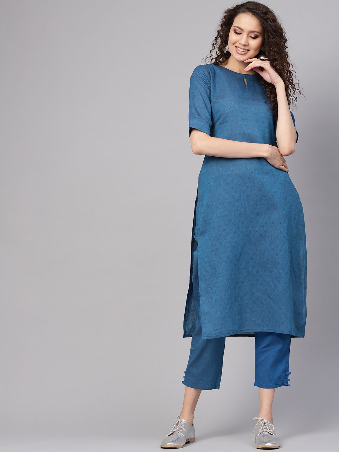Gerua By Libas Women Teal Blue Self-Design Kurta with Trousers