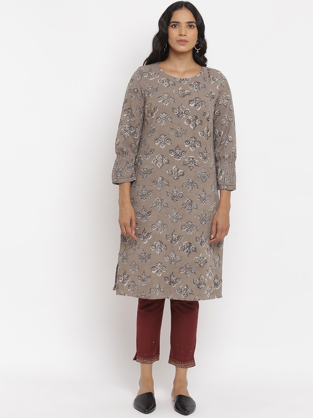 W The Folksong Collection Women Grey Ethnic Motifs Thread Work Kurta