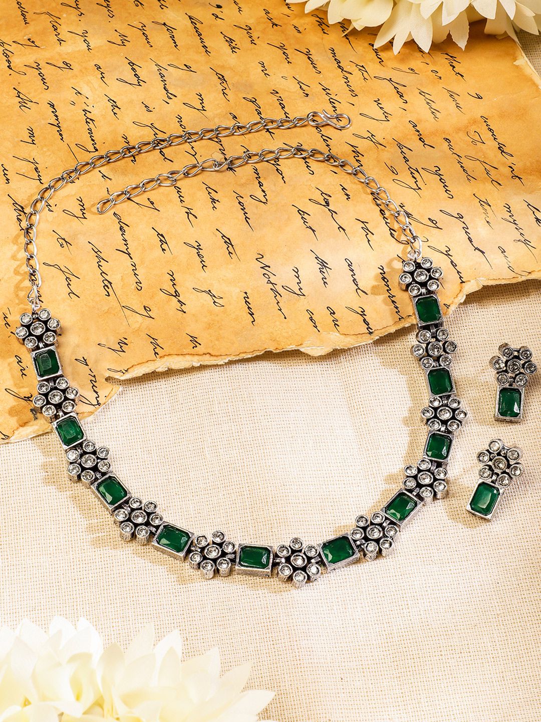 Rubans Oxidised Silver Plated Emerald Studded Handcrafted Floral Necklace Set
