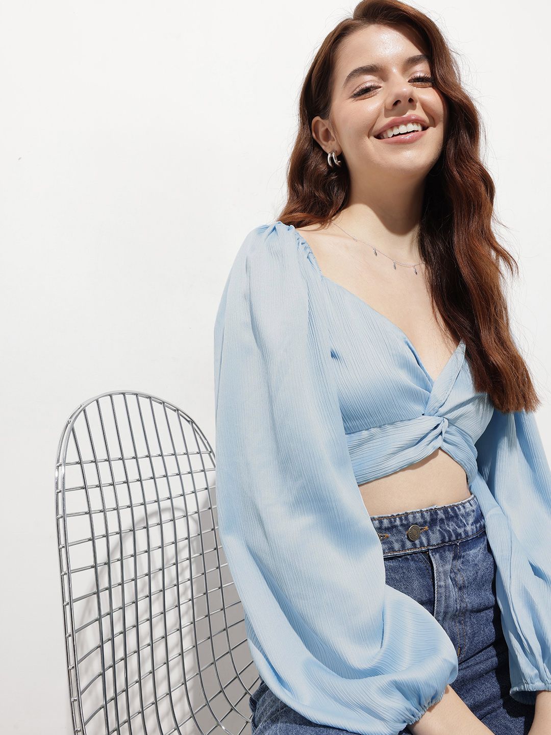 DressBerry Powder Blue Twist 'em Up Smocked Crop Top