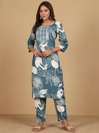 Varanga Floral Printed Round Neck Thread Work Straight Kurta With Trousers