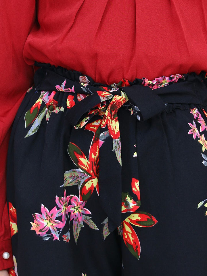 Cutiekins Girls Maroon & Black Floral Printed Bishop Sleeves Top with Palazzos Co-Ords set