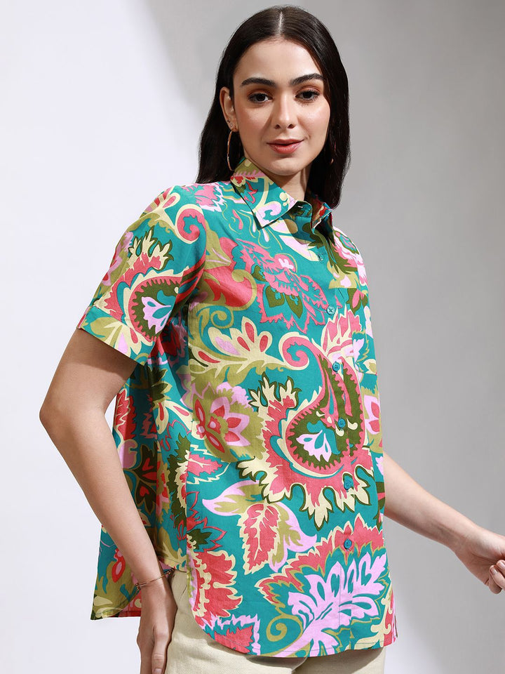 Tokyo Talkies Women Mui Printed Button Down Half Slleve Shirt