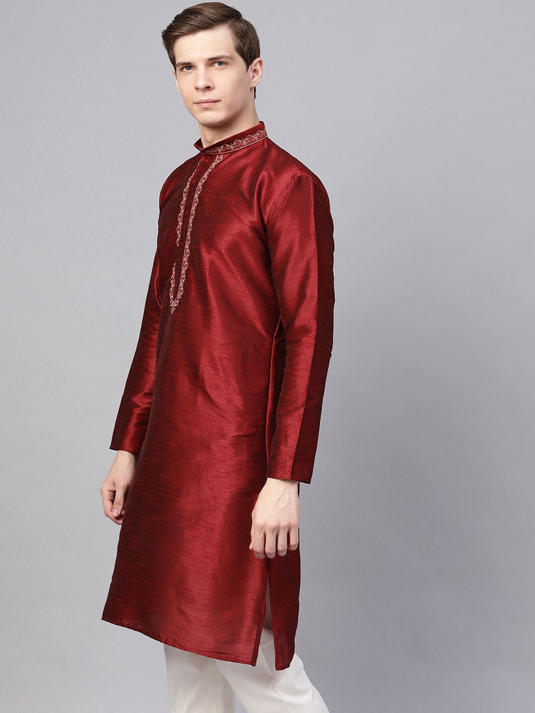 SOJANYA Men Maroon Yoke Design Straight Kurta