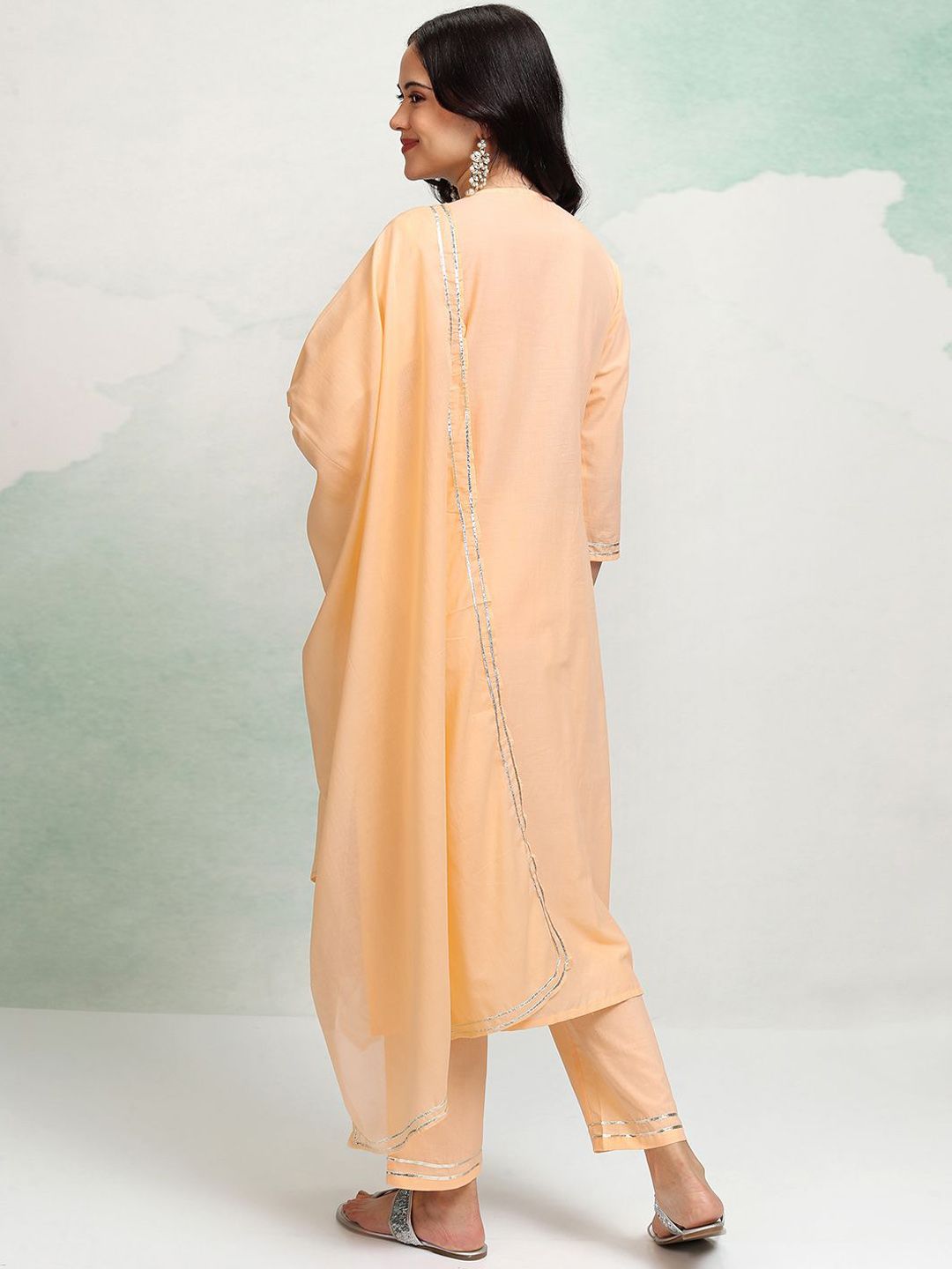 Vishudh Peach Coloured Embroidered Pure Cotton Straight Kurta with Trousers & With Dupatta