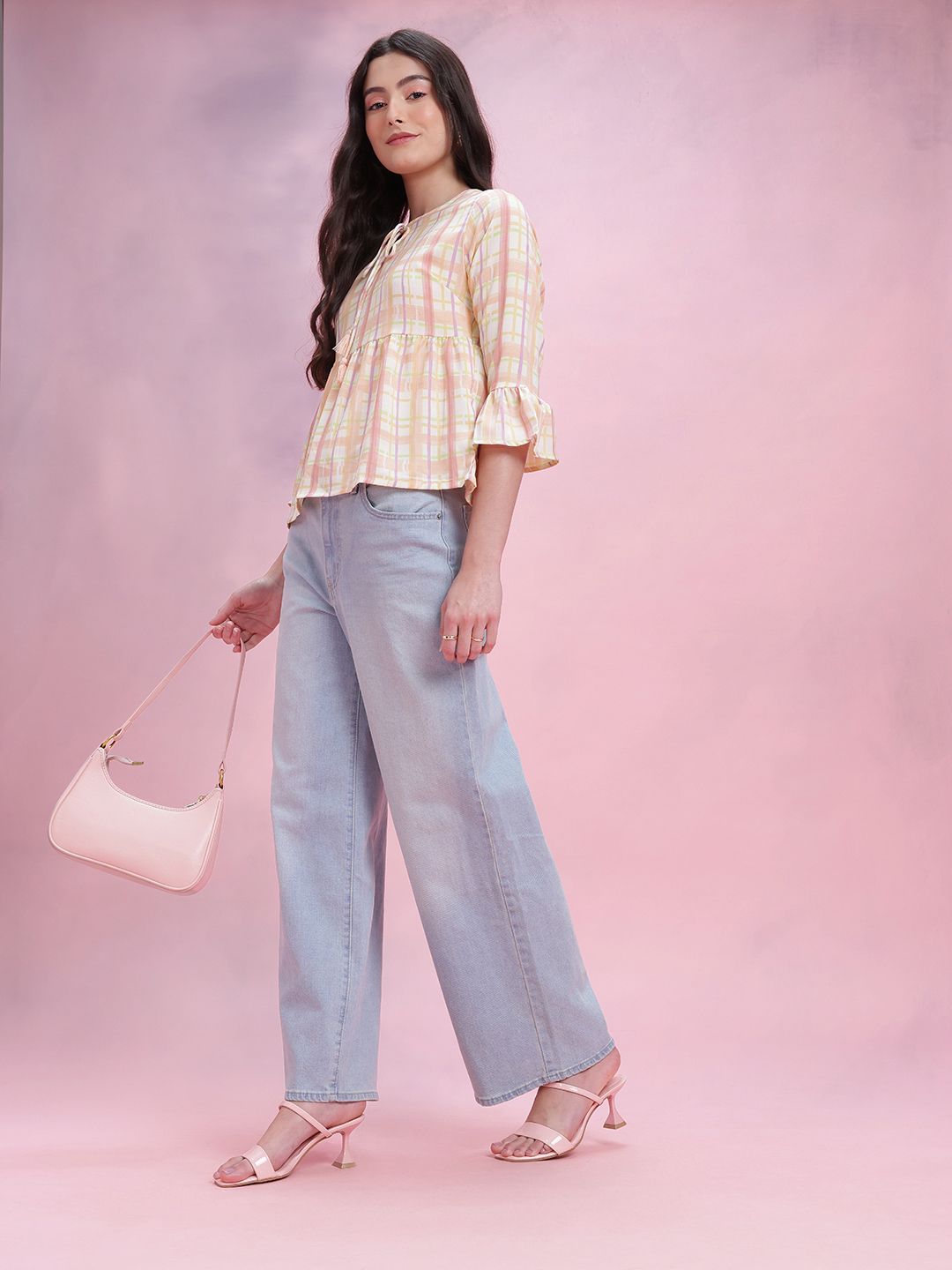 DressBerry Checked Tie-Up Neck Bell Sleeve Top