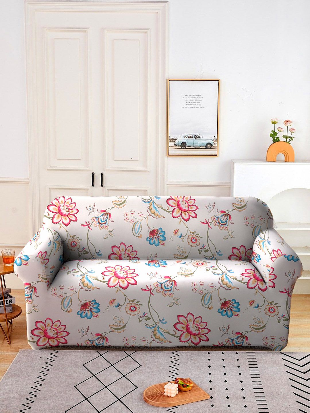 Cortina Beige & Pink Floral Printed double sofa cover