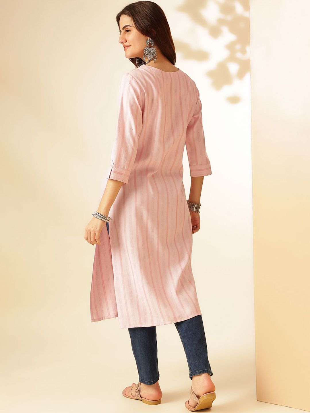 Anouk Pink Striped Self Design Round Neck Regular Straight Kurta
