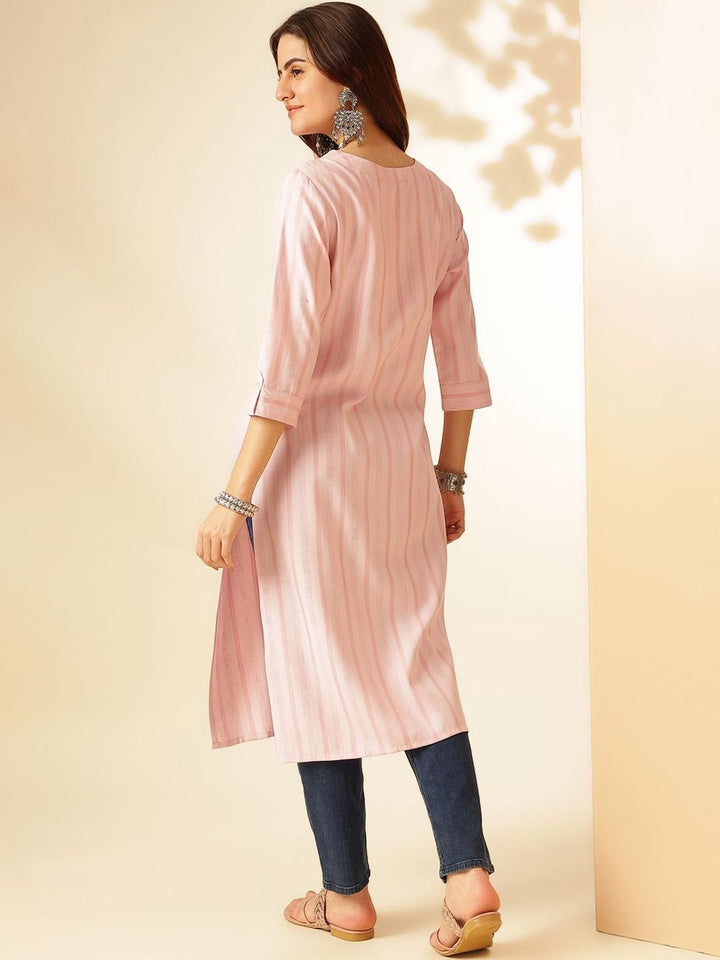 Anouk Pink Striped Self Design Round Neck Regular Straight Kurta