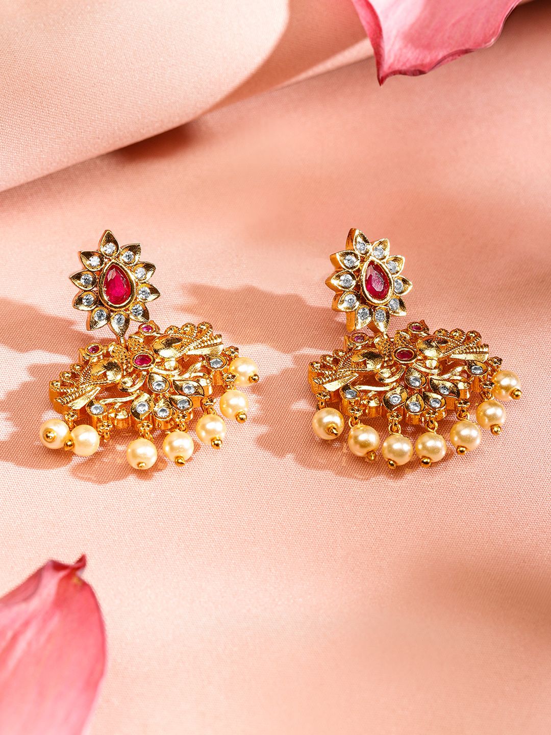 22K Gold Plated Ruby Pink & CZ Studded Pearl Beaded Traditional Choker Jewellery Set