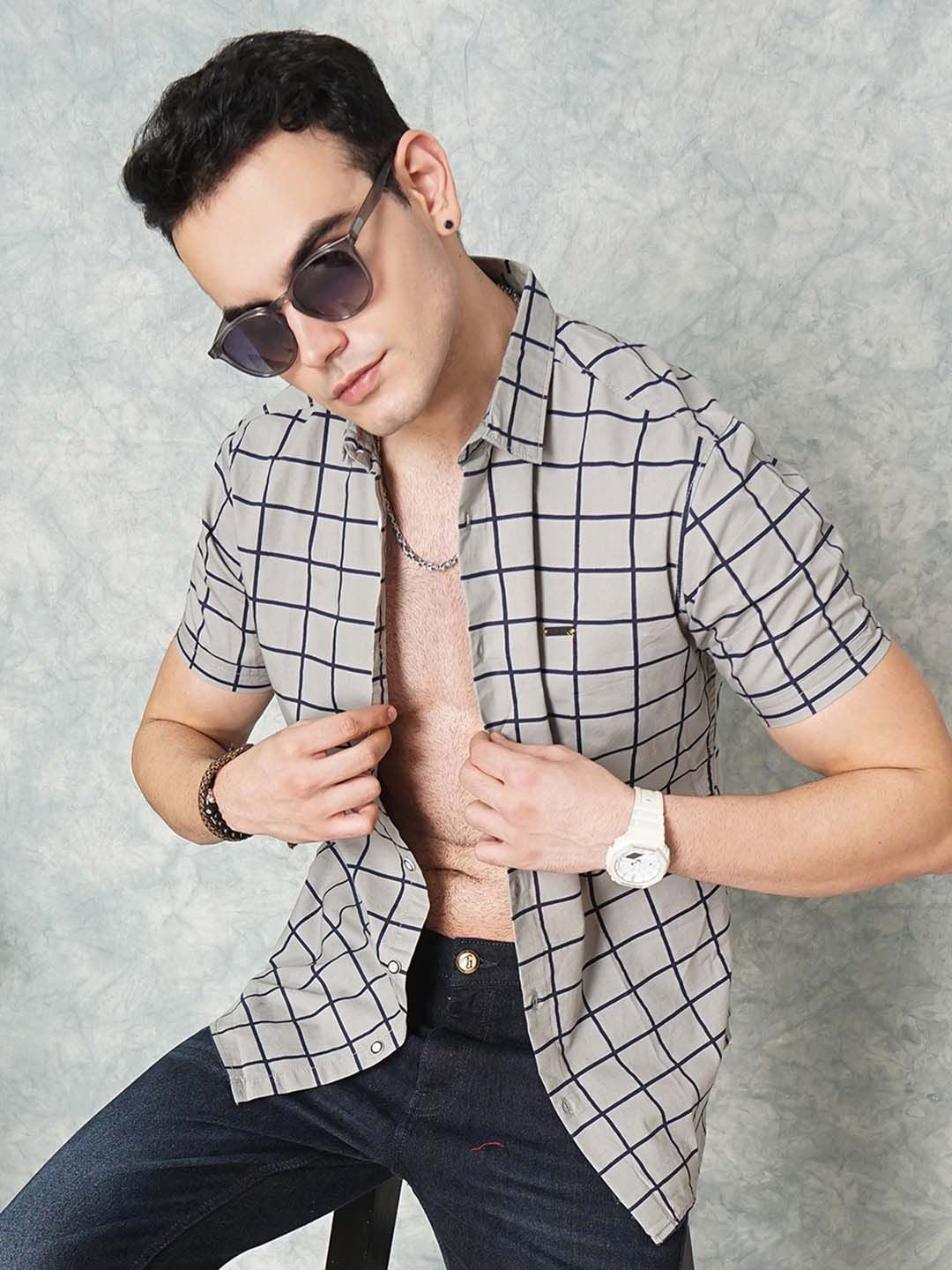 The Indian Garage Co Men Grey Slim Fit Checked Casual Shirt