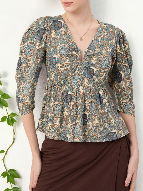 DressBerry Indie Boho Printed Puff Sleeves Gathered A-Line Top