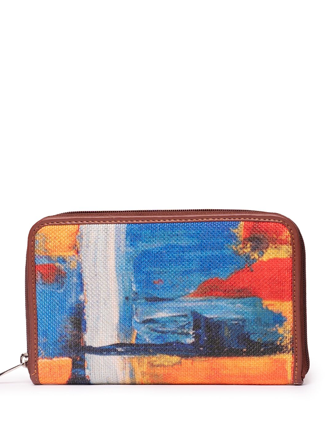 ZOUK Women Brown & Yellow Printed Zip Around Vegan Leather Wallet