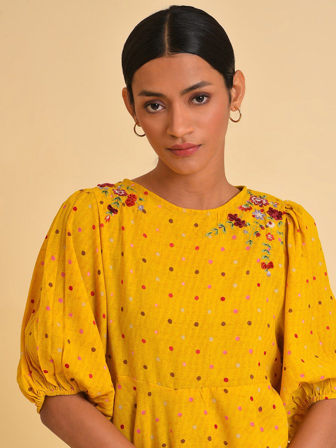 W Yellow Polka Dots Printed Puff Sleeves Embeoidered Pepium Top