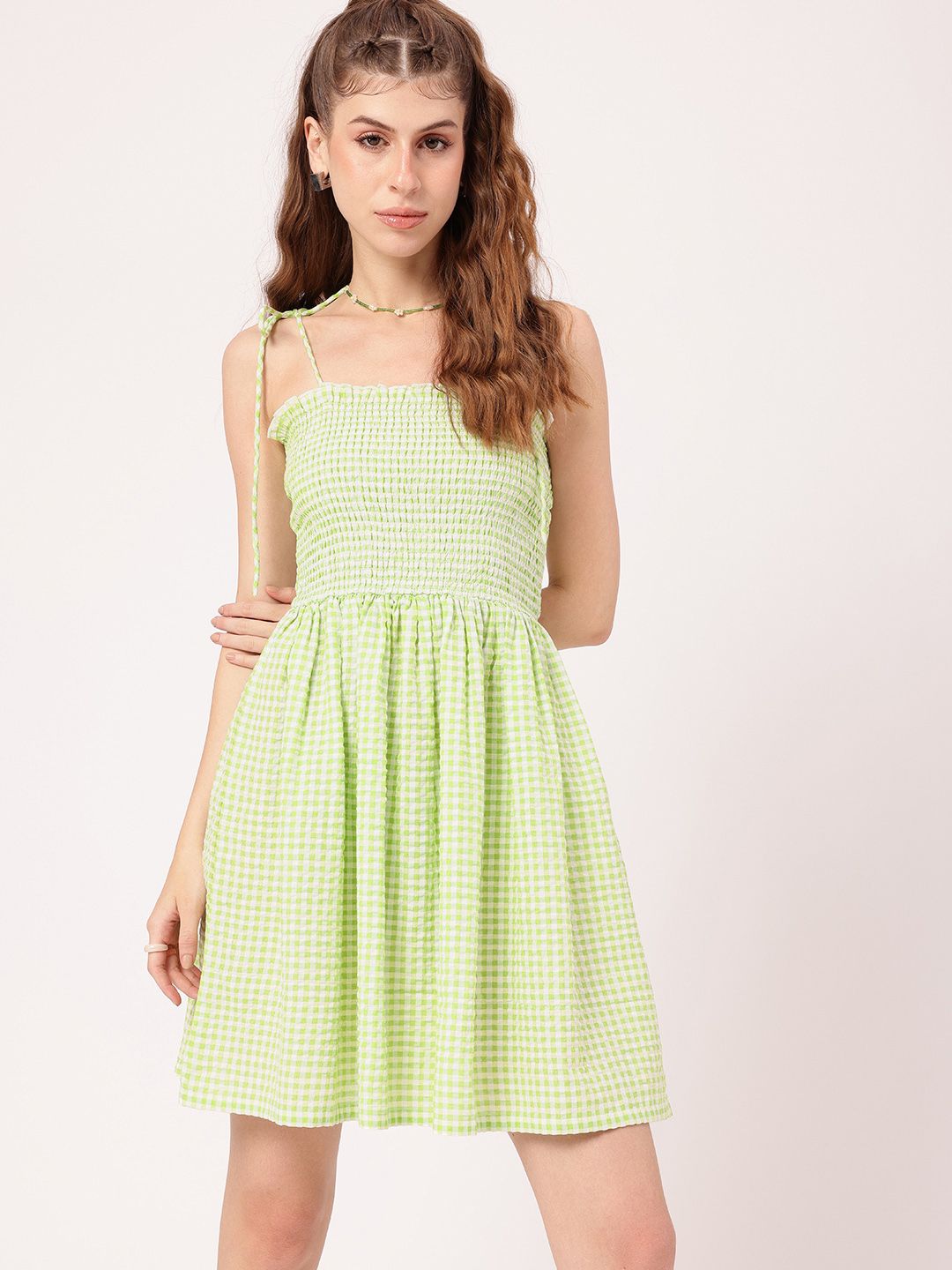 DressBerry Playful Bodice Smocked Tie-Up Straps Seersucker Checked A-line Dress