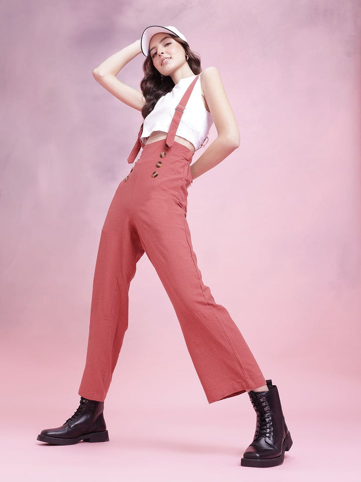 DressBerry Women High-Rise Mock Buttons Cropped Trousers with Gallus