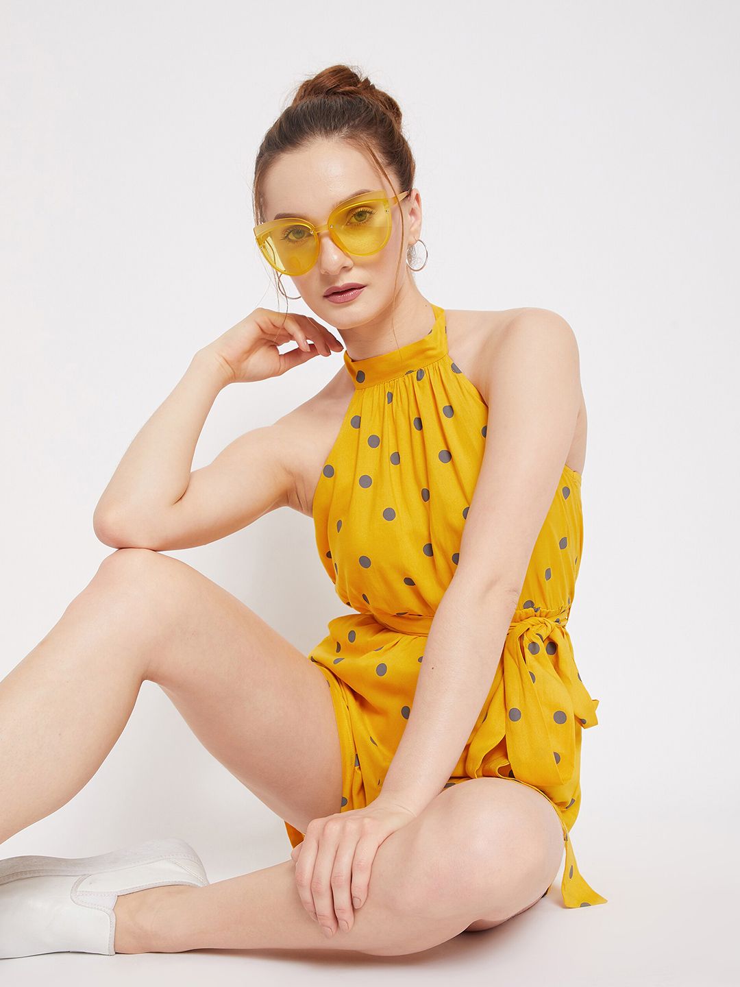 Berrylush Woman Yellow & Grey Polka Halter Neck Printed Jumpsuit