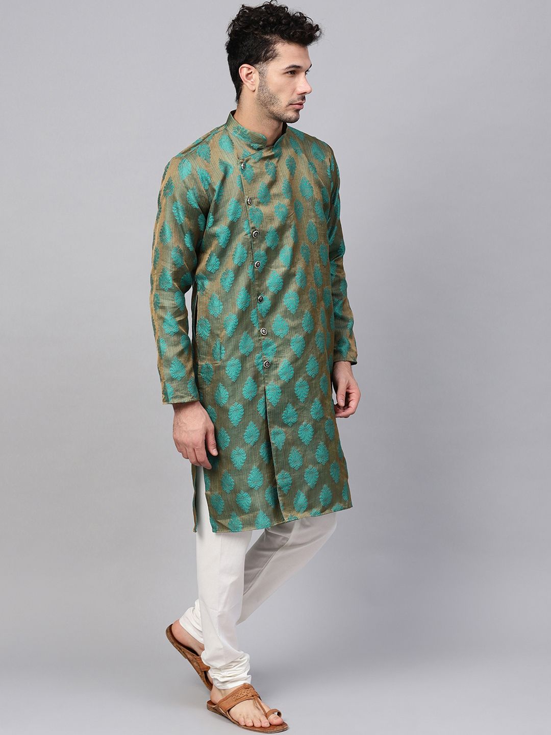 SOJANYA Men Bronze-Toned & Green Woven Design Jacquard Silk Straight Kurta