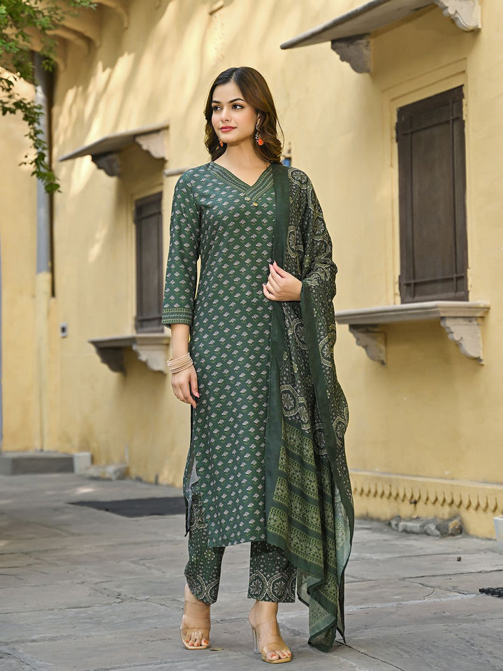 KALINI Floral Printed V-Neck Straight Kurta With Trousers & Dupatta