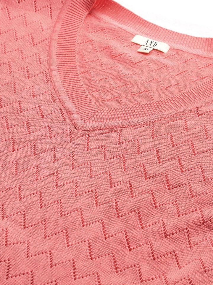 AND V-Neck Knitted Self Design Short Sleeves Top