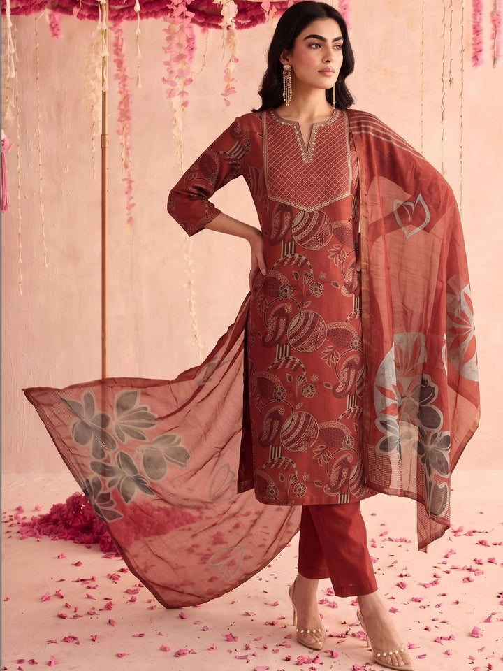 Motif Etnik Wanita Mamicha Bercetak Benang Biasa Kurta Kerja dengan Seluar & Dengan Dupatta