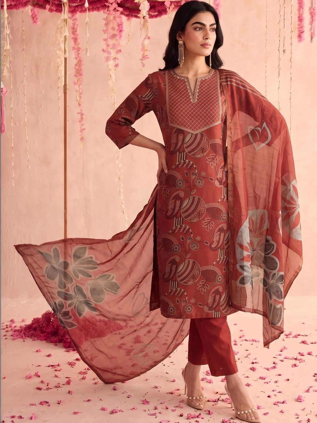 Motif Etnik Wanita Mamicha Bercetak Benang Biasa Kurta Kerja dengan Seluar & Dengan Dupatta