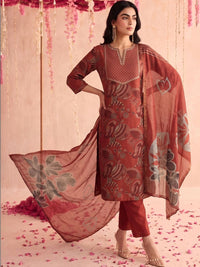 Motif Etnik Wanita Mamicha Bercetak Benang Biasa Kurta Kerja dengan Seluar & Dengan Dupatta