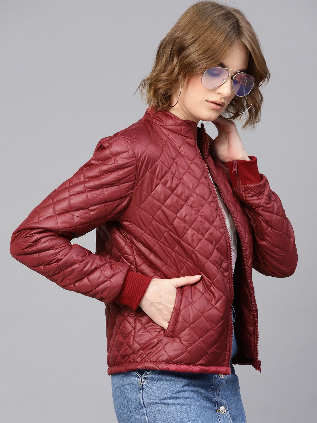 SASSAFRAS Women Maroon Solid Quilted Jacket