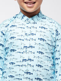SOJANYA Boys Blue & Black Printed Mandarin Collar Straight Kurta