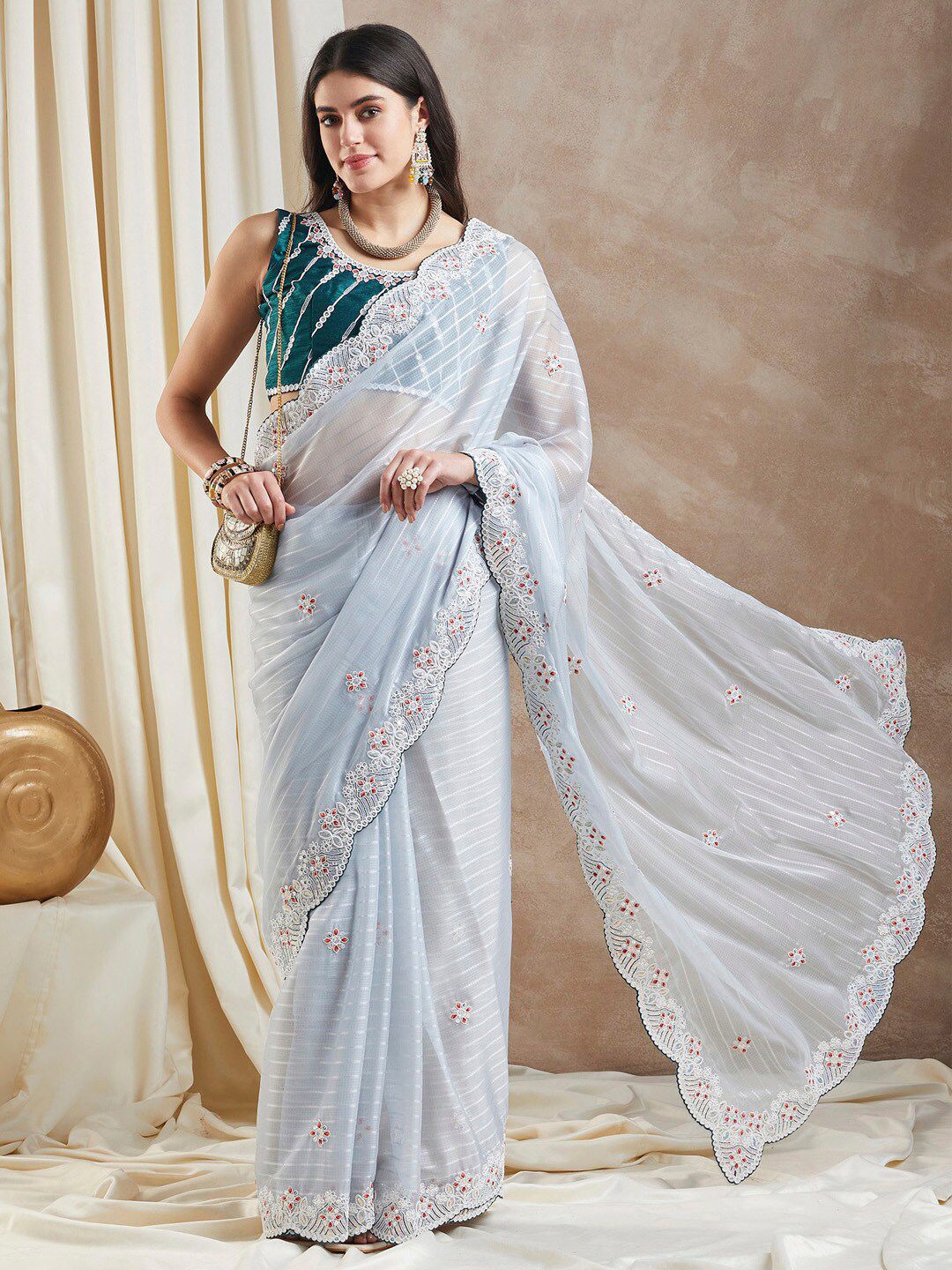 Saree mall Grey Floral Embroidered Beads and Stones Poly Georgette Saree
