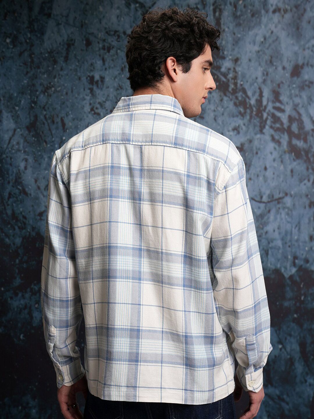 Locomotive Men White Dobby Textured Checked Utility Pocket Overshirt