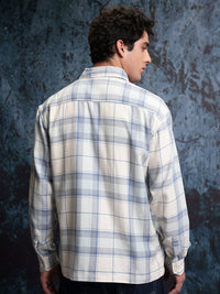 Locomotive Men White Dobby Textured Checked Utility Pocket Overshirt