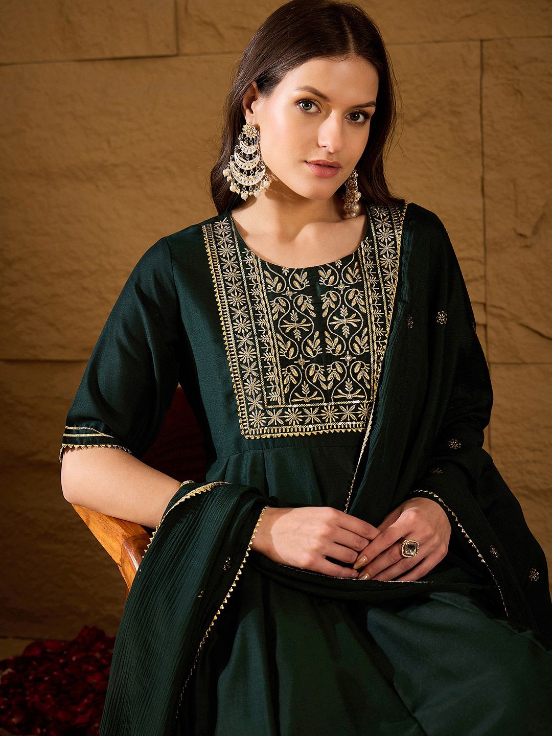 KALINI Ethnic Motifs Embroidered Round Neck Sequinned Empire Kurta With Trouser & Dupatta
